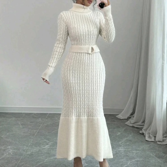 Dresses & Skirts - High Collar Belted Long Women Knit Sweater Dress, Autumn/Winter
